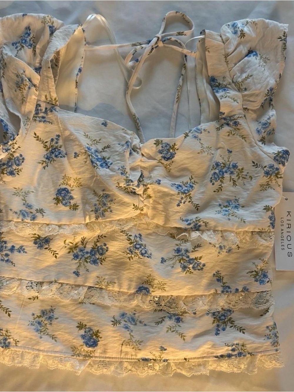 Blue Floral Lace Trim Crop Top